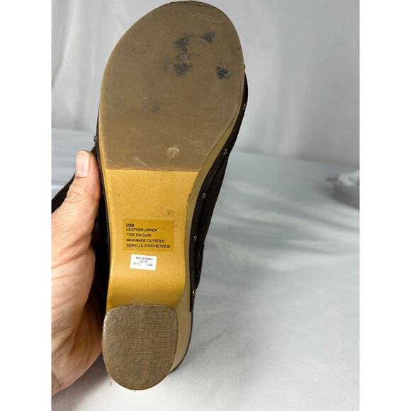 American Eagle Outfitters Suede Brown Leather Mule Clogs Sz 9 Wood Heel Bohemian - Picture 8 of 9